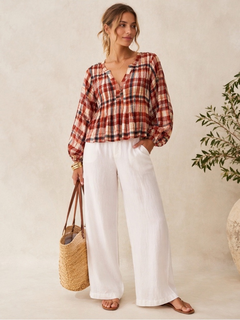 Pilcro Pleated Swing  Blouse Balloon Sleeve Plaid Metallic Anthropologie Size XS